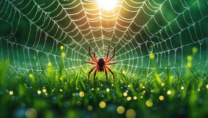 Morning dew on spider web with sun glare above green grass creating a captivating natural scene with intricate details and vibrant colors.