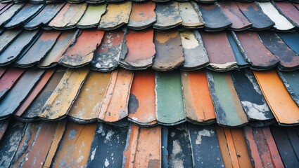 Poster - weathered multi-colored slate roof tiles showcasing vintage charm and intricate texture in a full fr