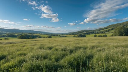 Poster - Lush Green Meadows Under a Blue Sky with Soft Clouds ideal for Text Overlay or Inspirational Quotes