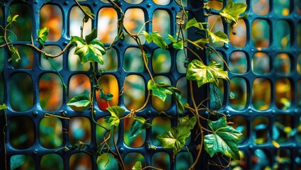 Poster - Decorative metal grille adorned with green vines and leaves against a mesmerizing blurred background showcasing vibrant nature elements.