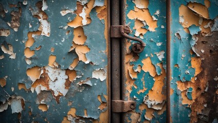 Poster - Rustic corroded metal surface with peeling paint showcasing a textured grunge aesthetic in shades of blue and orange tones.