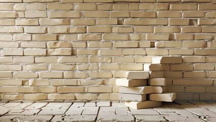 Poster - Cream and white brick wall texture with uneven beige flooring, ideal for vintage interior design and home decor projects.