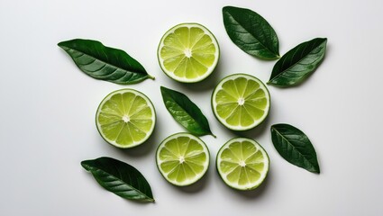 Poster - Fresh Lime Slices Surrounded By Green Leaves Arranged Artistic On A White Background In Top View Displaying Vibrant Natural Colors
