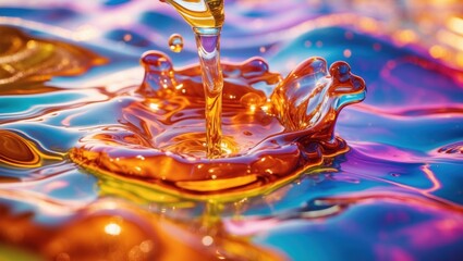 Poster - Colorful liquid drop splashing into water with vibrant reflections and ripples in abstract background with copy space