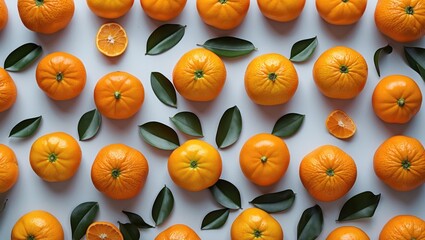 Poster - Mandarin fruits arranged artistically with green leaves on a light background showcasing vibrant colors and natural beauty from a top view.