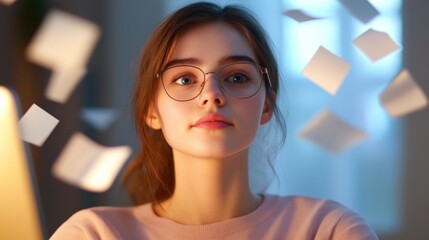 Wall Mural - woman with glasses surrounded by floating papers