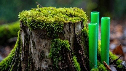 Poster - Moss-covered tree stump with vibrant green tubes surrounded by lush forest greenery creating a serene natural scene.