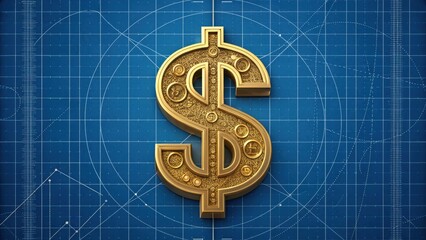 Wall Mural - Golden dollar sign on a blueprint background symbolizing finance and wealth.