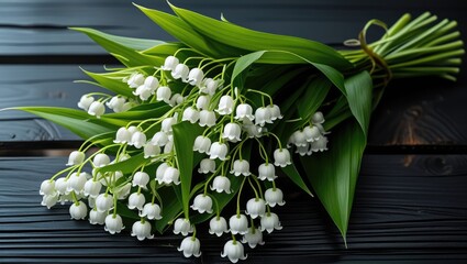 Poster - Lily of the valley flower bouquet elegantly arranged on a dark wooden table showcasing delicate white blooms and lush green leaves.