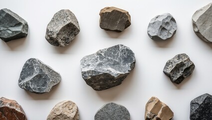 Poster - Collection of various textured rocks displayed on a white background showcasing natural granite and stone formations in diverse colors and shapes.