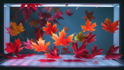Poster - Vibrant maple leaves in autumn colors elegantly arranged on a light box creating a beautiful display of nature's artistry
