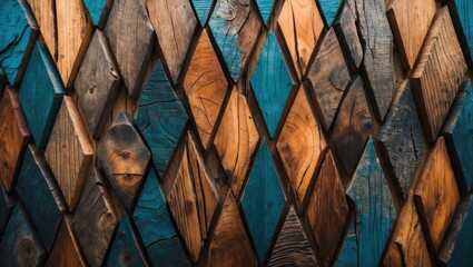 Poster - colorful wooden wall texture with diamond shape patterns in blue and brown tones, suitable for backg