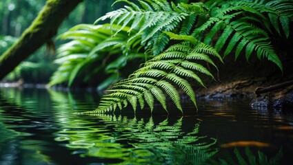Poster - Lush Green Fern Leaves Reflected on Tranquil Forest River Surface in Tropical Nature Scene Highlighting Ecology and Botany.