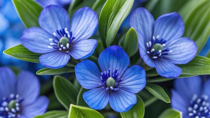 Poster - Vibrant closeup of bright blue and purple flower blossoms surrounded by lush green leaves on a white background with space for text.