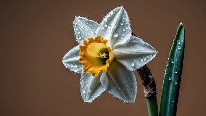 Poster - Macro close-up of a daffodil with dew drops on petals showcasing vibrant colors and smooth textures against a muted brown background.