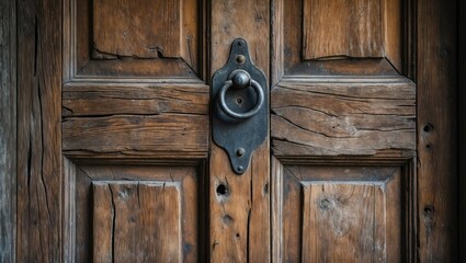 Poster - Weathered wooden door featuring a classic metal handle showcasing rustic charm and vintage design elements in natural textures.
