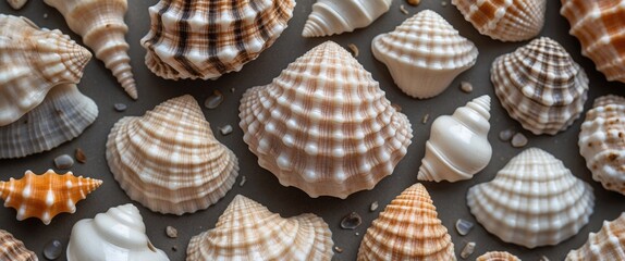 Poster - Textured Collection of Natural Sea Shells on Gray Background with Blank Space for Custom Text or Design Elements
