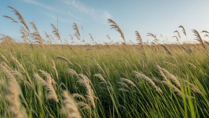 Poster - Meadow Grass Gently Swaying In The Wind Under Clear Blue Sky With Space For Overlay Text And Natural Background Elements