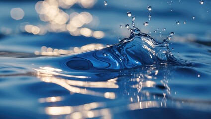 Poster - Closeup of shimmering blue water surface with ripples and splashes creating a dynamic abstract background of liquid textures and reflections.