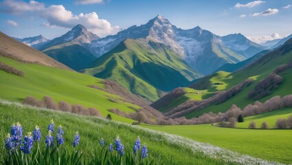 Poster - Serene Spring Mountain Landscape with Lush Greenery and Blooming Wildflowers Under a Clear Blue Sky