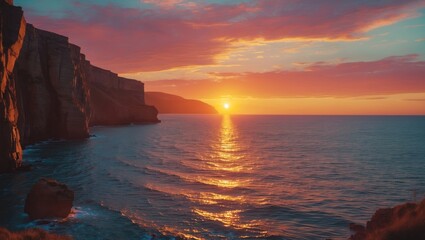 Poster - Serene Sunset Over the Ocean with Golden Reflections and Rugged Coastal Cliffs Illuminated by a Glowing Sun on the Horizon