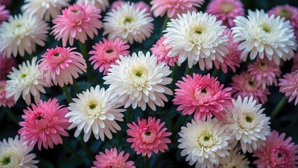 Poster - Close-up of white and pink chrysanthemums creating a vibrant natural flower background, perfect for floral design and decoration themes.