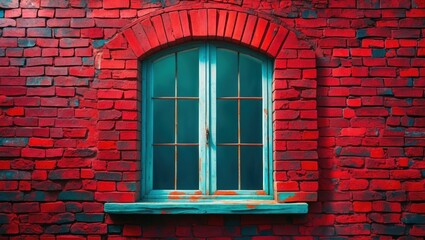 Poster - Modern window framed by vibrant red brick wall, showcasing a blend of contemporary and classic architectural elements.