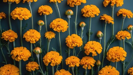 Poster - Vibrant Marigold Flowers Against Dark Background with Space for Custom Text and Graphics