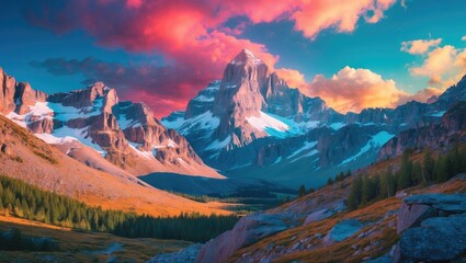 Poster - Majestic Mountain Landscape at Sunset with Vibrant Clouds and Open Space for Text or Branding