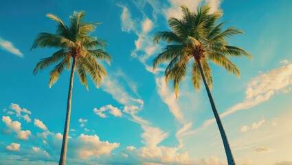 Poster - Serene Tropical Landscape with Majestic Palm Trees Under a Clear Blue Sky and Wispy Clouds