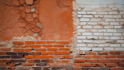 Poster - Textured Orange and White Brick and Terracotta Wall Background with Peeling Paint and Crumbling Surfaces for Artistic Design and Construction Themes