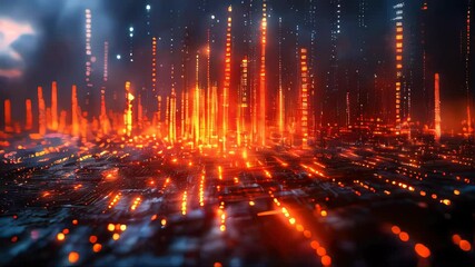 Poster - A high-tech digital cityscape made of glowing orange and red data streams, resembling a futuristic network