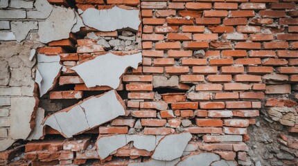 Poster - Peeling Old Brick Wall Texture Revealing Cracked Surface with Exposed Layers and Weathered Details for Architectural and Historical Concepts