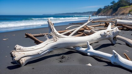 Poster - driftwood on moonstone beach with dark sand and blue ocean under a clear sky in cambria california o