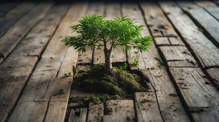 Poster - Resilient tree growing through weathered wooden floor symbolizing nature's persistence and strength amidst urban decay