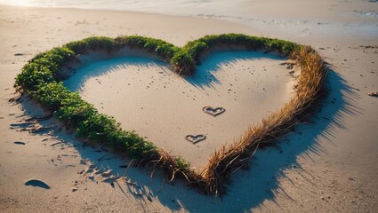Poster - heart shape created with grass on a beach surrounded by soft sand and water reflecting morning light