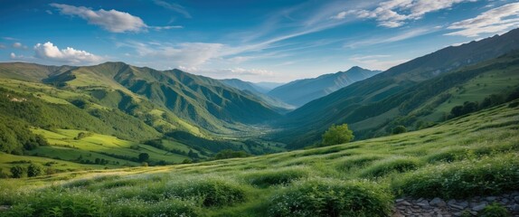 Wall Mural - Panoramic Mountain Landscape with Lush Green Flora Under Clear Blue Sky in Remote Summer Wilderness. Ideal for Nature Exploration Themes.