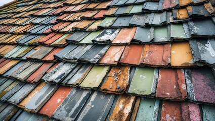 Poster - Weathered multicolored slate roof tiles in close-up showcasing unique textures and vibrant hues reflecting age and charm.