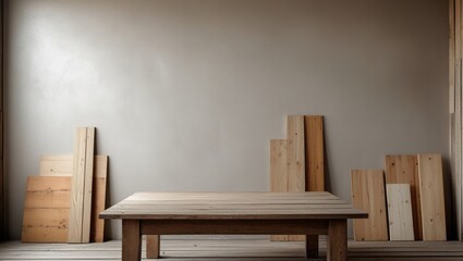 Poster - Empty wooden table with rustic wood wall and assorted wooden planks in a minimalist interior setting ideal for design or decoration themes.