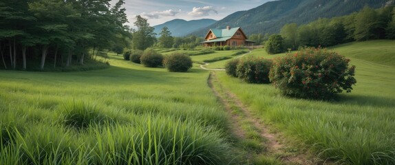 Poster - Serene Meadow Path Leading to Mountain Home Surrounded by Lush Grass and Trees Ideal for Berry Picking and Organic Farming