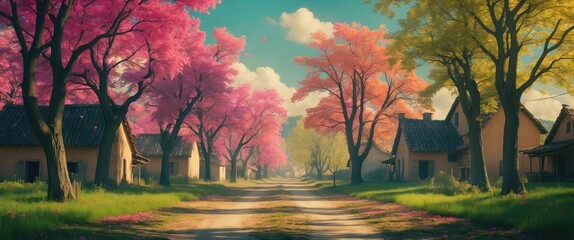 Poster - Scenic Village Roadway Surrounded By Colorful Trees With Empty Space For Text And A Tranquil Atmosphere Ideal For Nature Themes