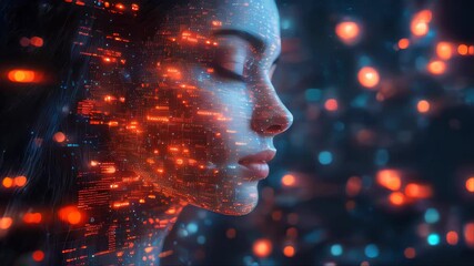 Poster - A futuristic woman with a digital face interface, featuring glowing red and blue data streams in a cybernetic environment