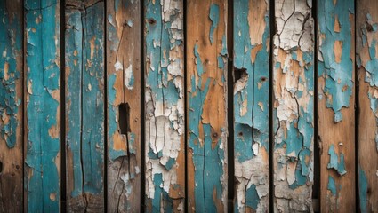 Poster - Peeling paint on rustic wooden planks showcasing aged texture and vibrant colors ideal for backgrounds and vintage design concepts