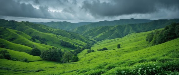 Poster - Vibrant Green Rolling Hills Under Dramatic Clouds Ideal for Nature and Outdoor Lifestyle Imagery