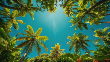 Poster - Tropical forest view from below with lush green palms against a bright blue sky creating empty space for text or design.