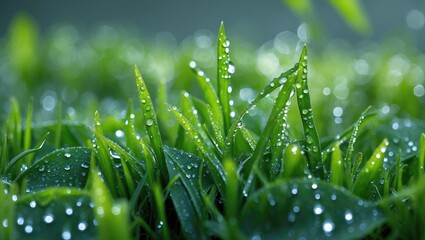 Poster - Macro Shot of Dew-Kissed Green Grass with Blurred Background and Copy Space for Text Nature Inspired Freshness and Serenity Theme