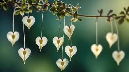 Poster - Delicate Heart-Shaped White Flowers Hanging Gracefully Against a Soft Green Blurred Background in a Macro Photography Style
