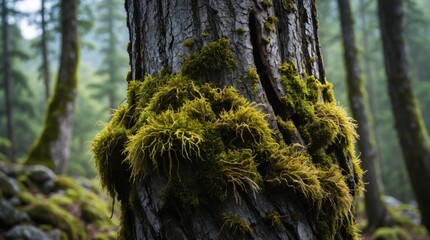 Poster - Lush green moss growing on a tree trunk in a misty forest atmosphere showcasing nature's vibrant ecosystem and tranquility.