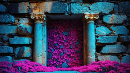 Poster - Ancient stone wall adorned with vibrant flowers creating a contrast of textures and colors evoking a mystical atmosphere.