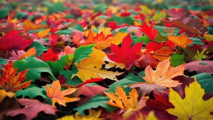 Poster - Vibrant autumn leaves in a colorful array of red, orange, yellow, and green creating a picturesque seasonal landscape on the ground.